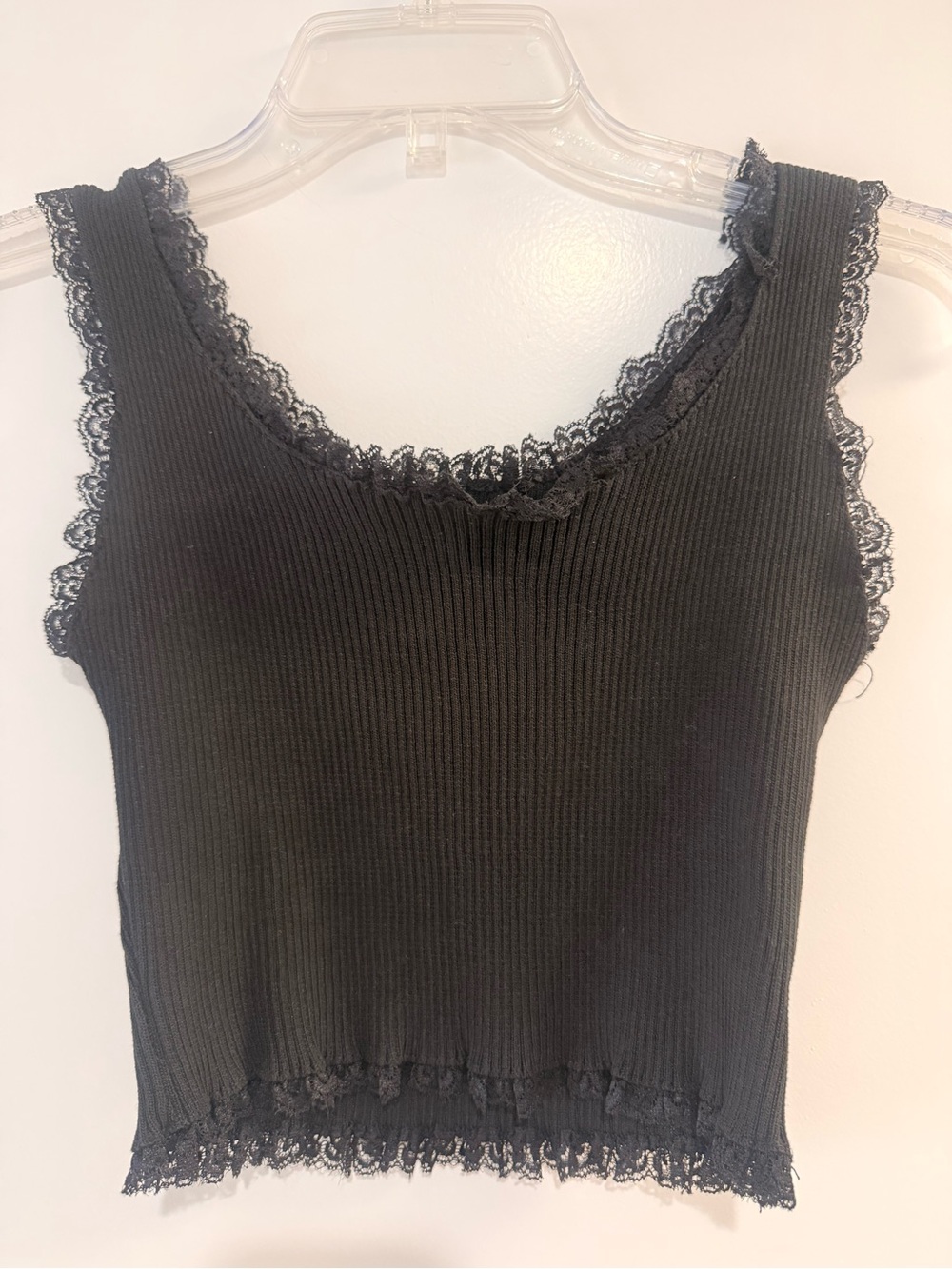Black Lace-Trim Ribbed Tank Top